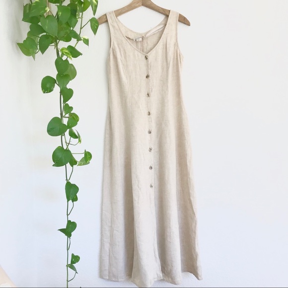 Vintage Dresses & Skirts - Vintage Flax Linen Button Midi Dress